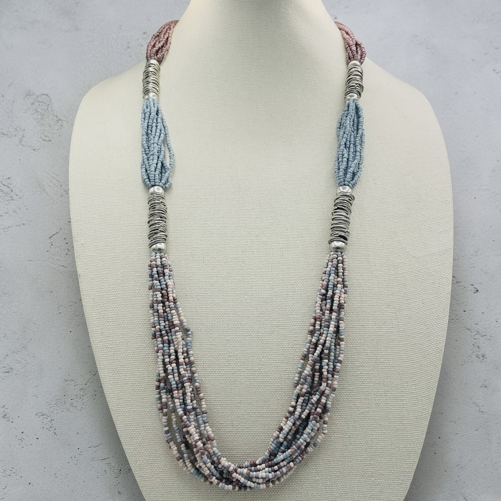 Susan Graver Multi Strand Seed Bead Necklace Pink Blue Purple Silver Wire Wrap